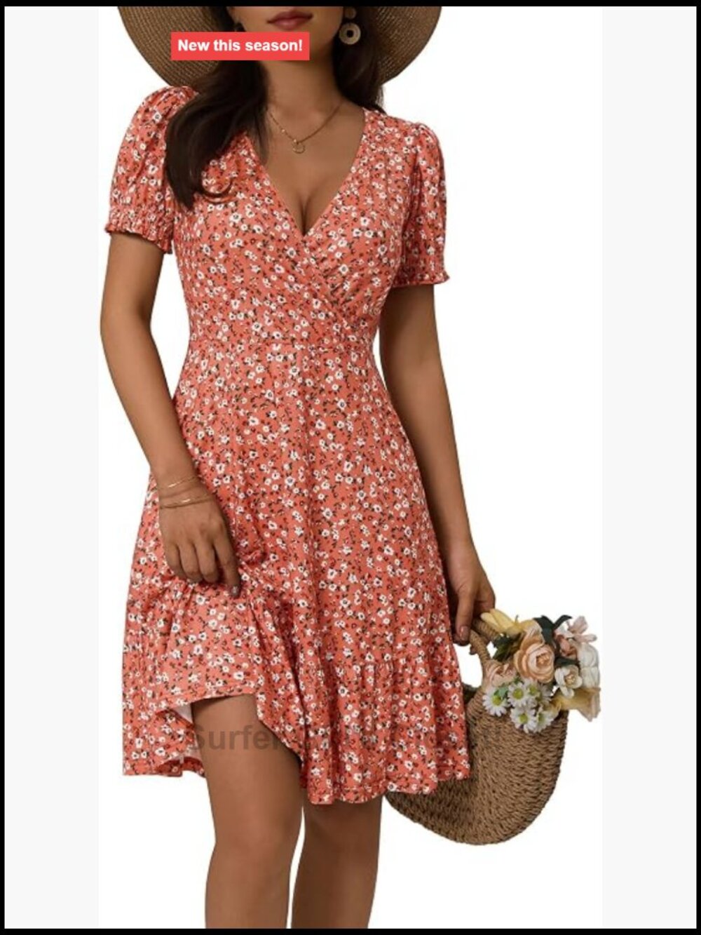 Floral Wrap V-Neck Puff Sleeve Mini A-Line Dress with Pockets, 95% Polyester 5%